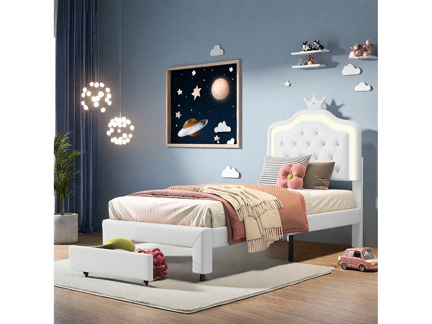 Lit Simple en PU Pour Enfants, 90×200cm Lit Enfant Blanc avec Tiroirs, Tête de lit Couronne avec LED et hauteur réglable