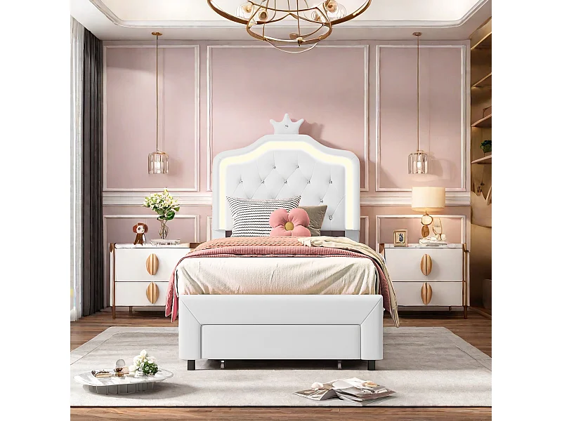 Lit Simple en PU Pour Enfants, 90×200cm Lit Enfant Blanc avec Tiroirs, Tête de lit Couronne avec LED et hauteur réglable