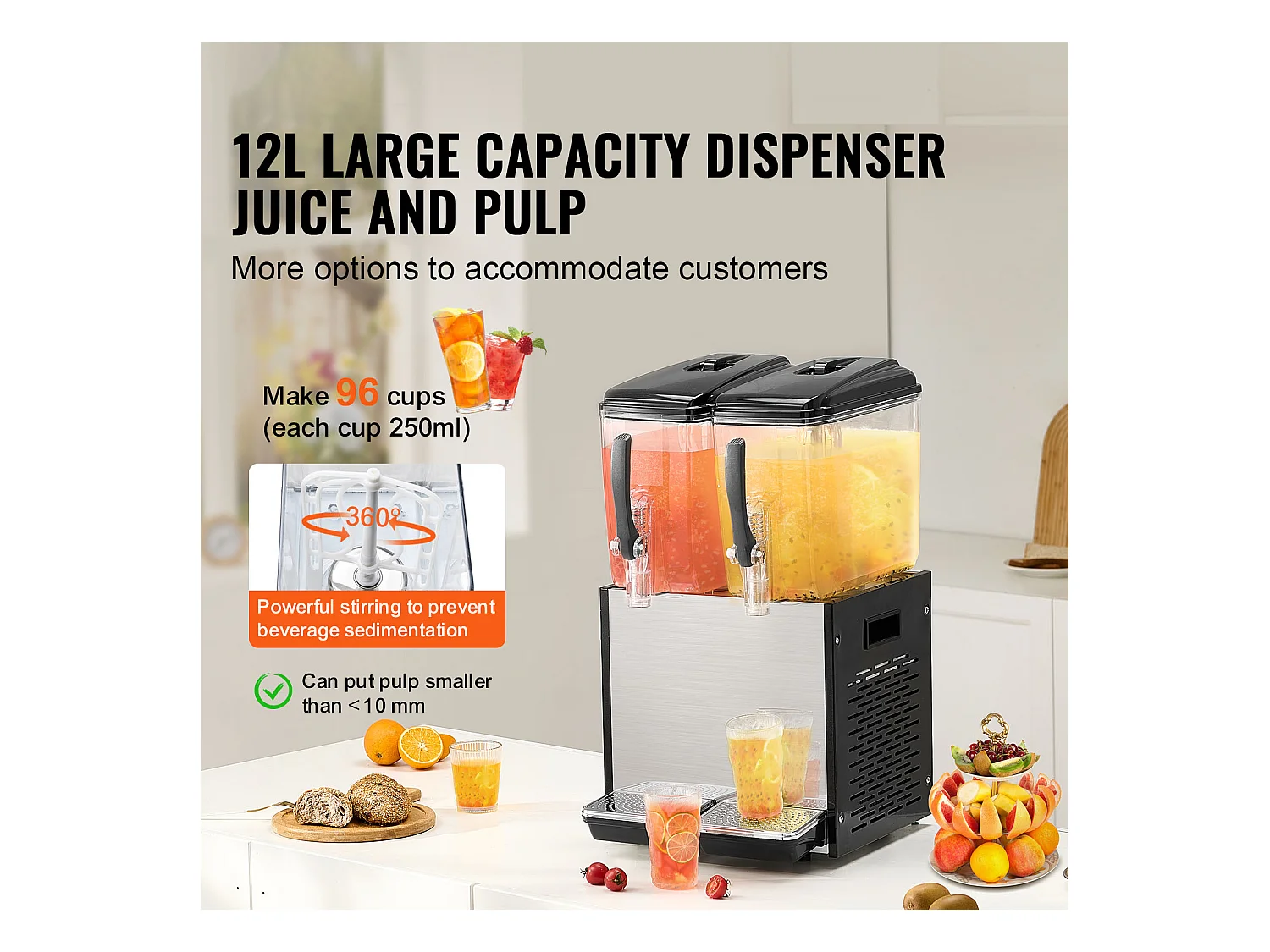 Distributore di Bevande Commerciale SucceBuy 12 L x 2 Serbatoi, Distributore di Bevande Ghiacciate e Succhi Freddi