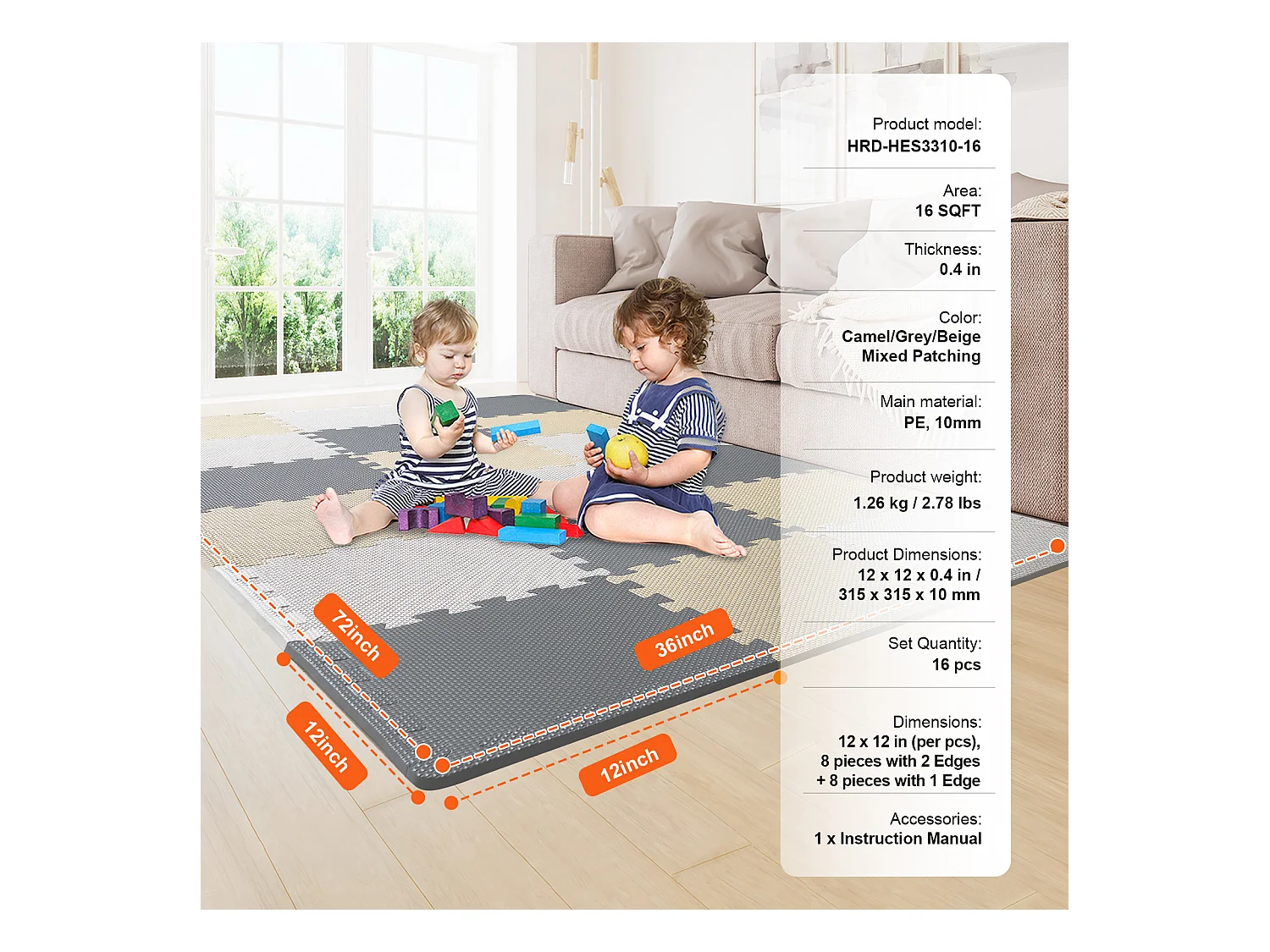 Tapis de Sol à Emboîtement, SucceBuy Tapis de Jeu Puzzle en Mousse pour Enfants, 1 cm, 16 Pièces de Tuiles Souples EVA Emboîtables