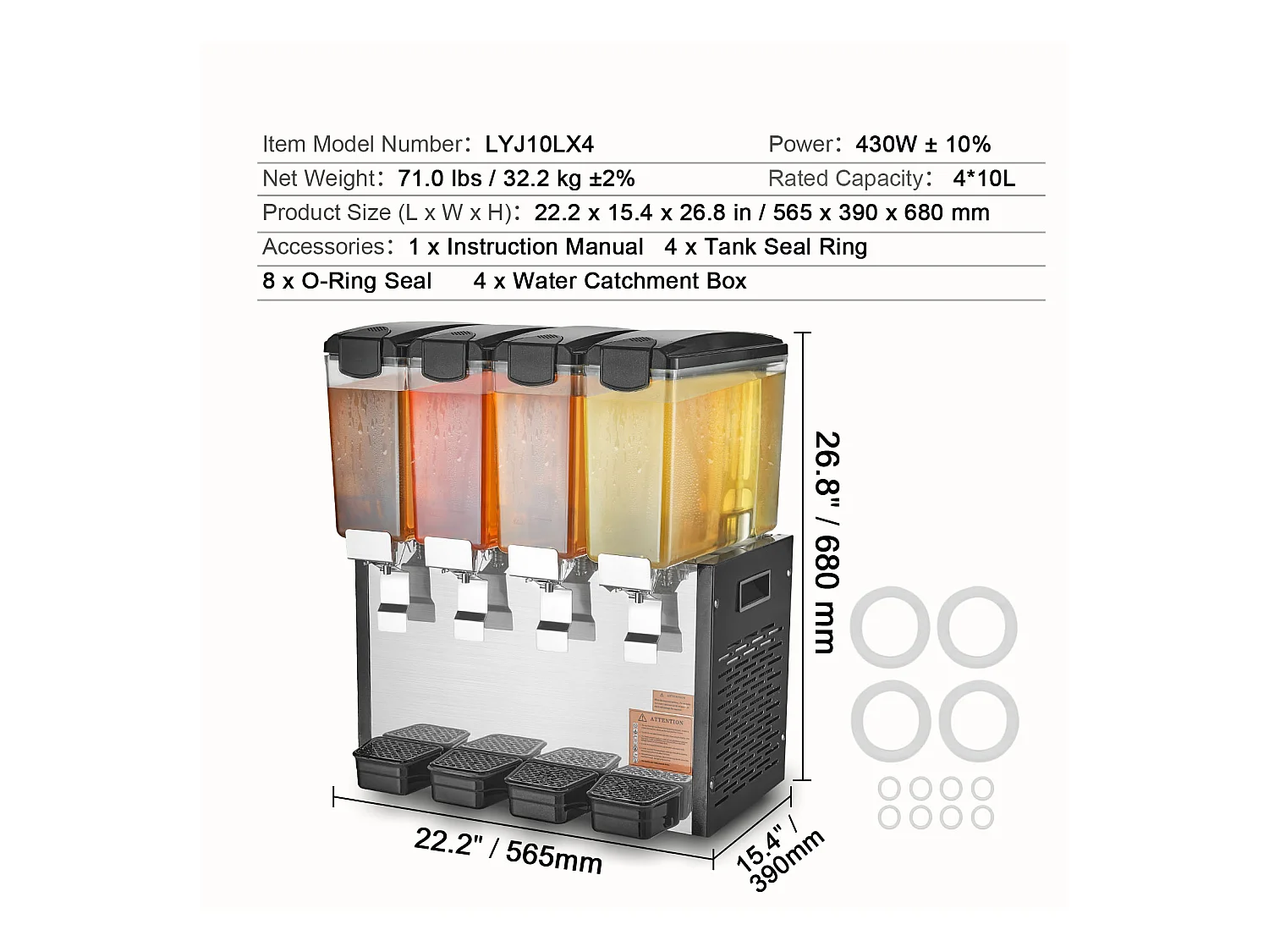 Distributeur de Boissons Commerciales SucceBuy 10 L x 4 Réservoirs Distributeur de Boissons Glacées et de Jus Froids