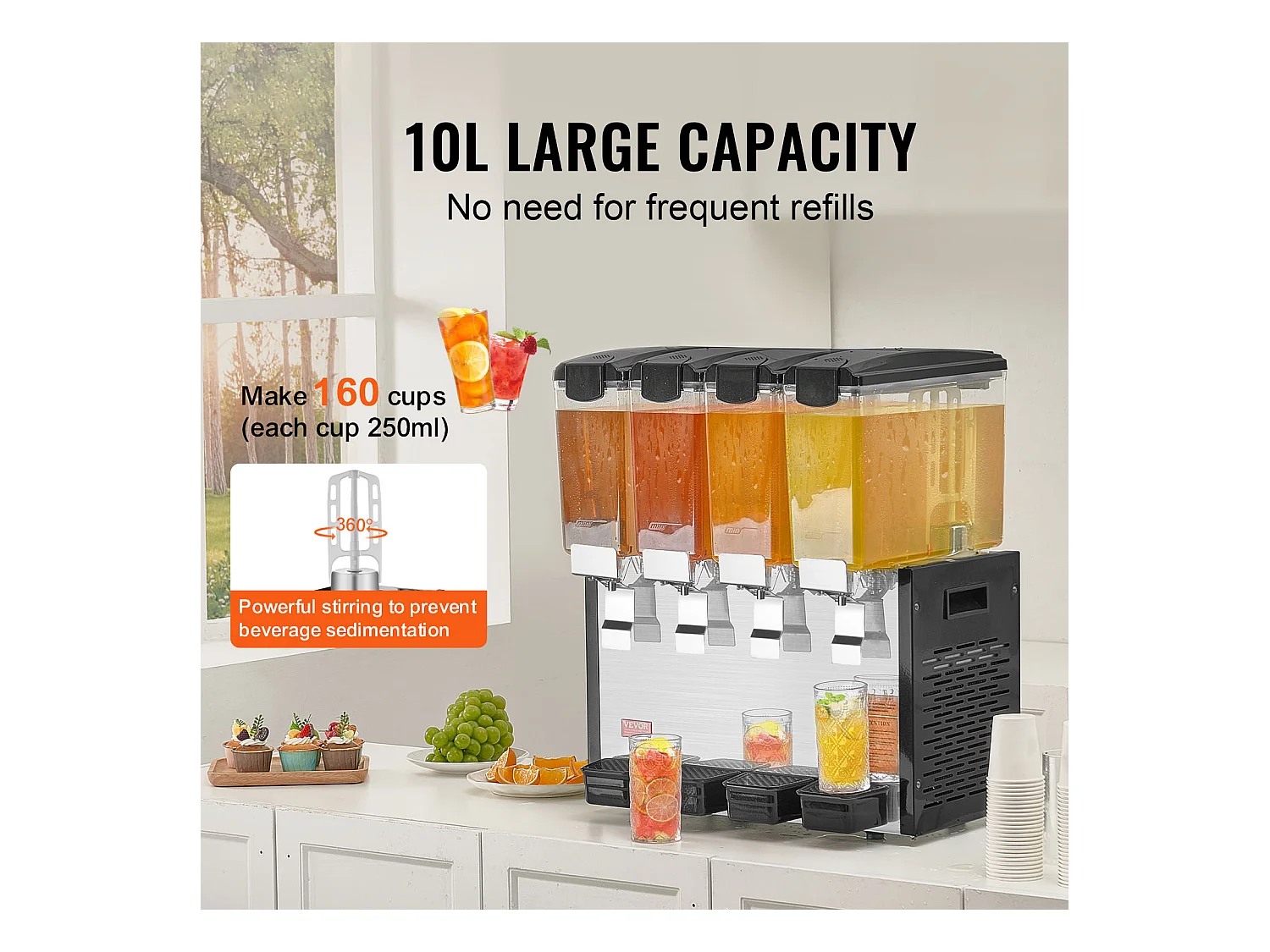 Distributeur de Boissons Commerciales SucceBuy 10 L x 4 Réservoirs Distributeur de Boissons Glacées et de Jus Froids