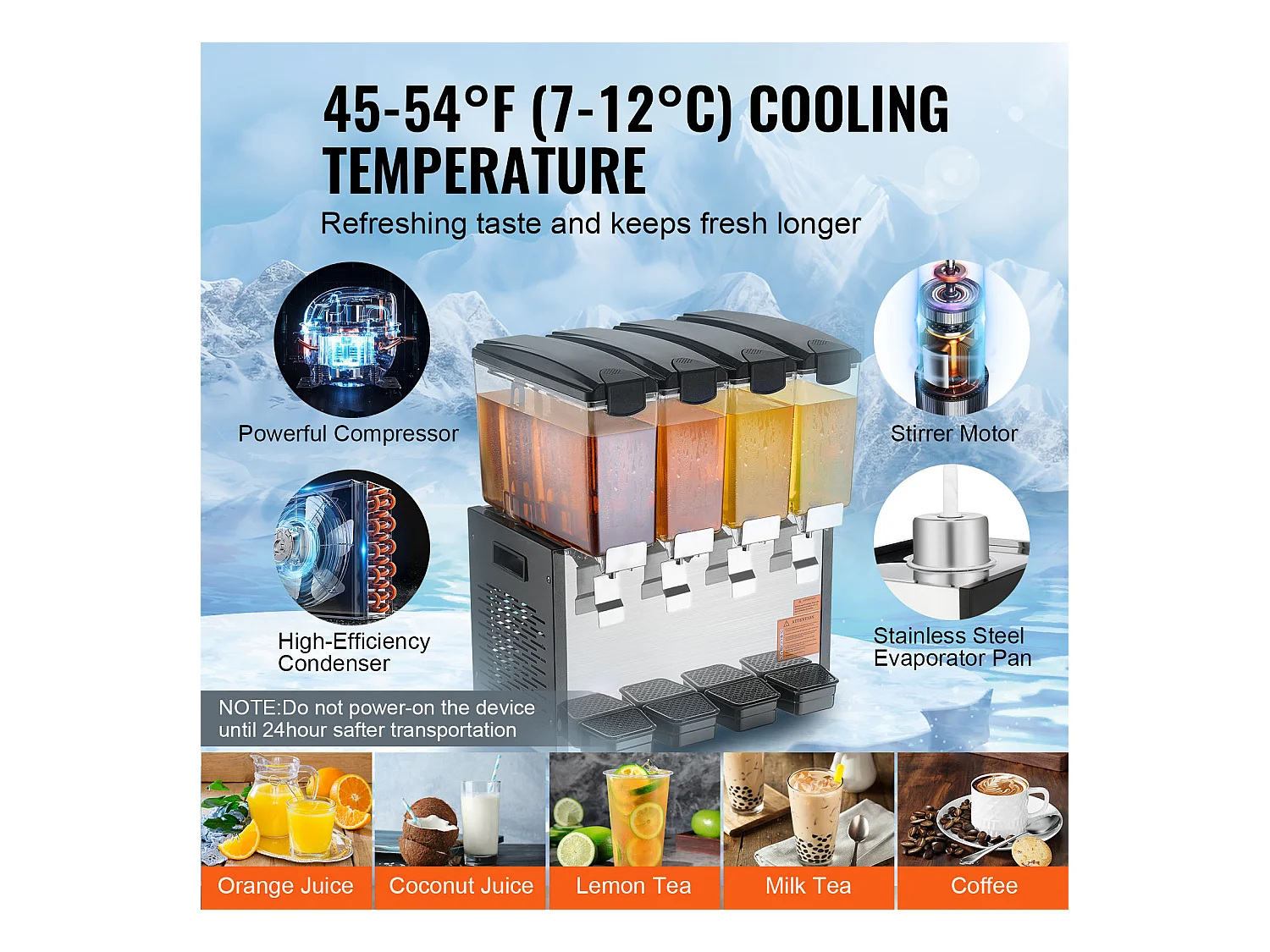 Distributeur de Boissons Commerciales SucceBuy 10 L x 4 Réservoirs Distributeur de Boissons Glacées et de Jus Froids