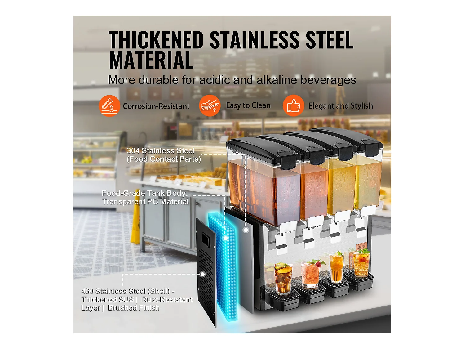 Distributeur de Boissons Commerciales SucceBuy 10 L x 4 Réservoirs Distributeur de Boissons Glacées et de Jus Froids