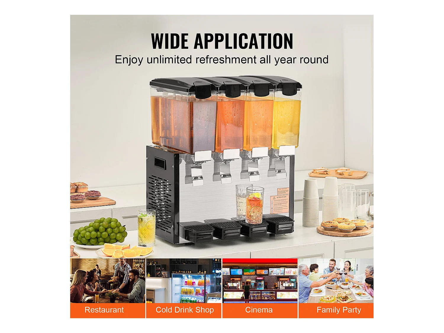 Distributeur de Boissons Commerciales SucceBuy 10 L x 4 Réservoirs Distributeur de Boissons Glacées et de Jus Froids