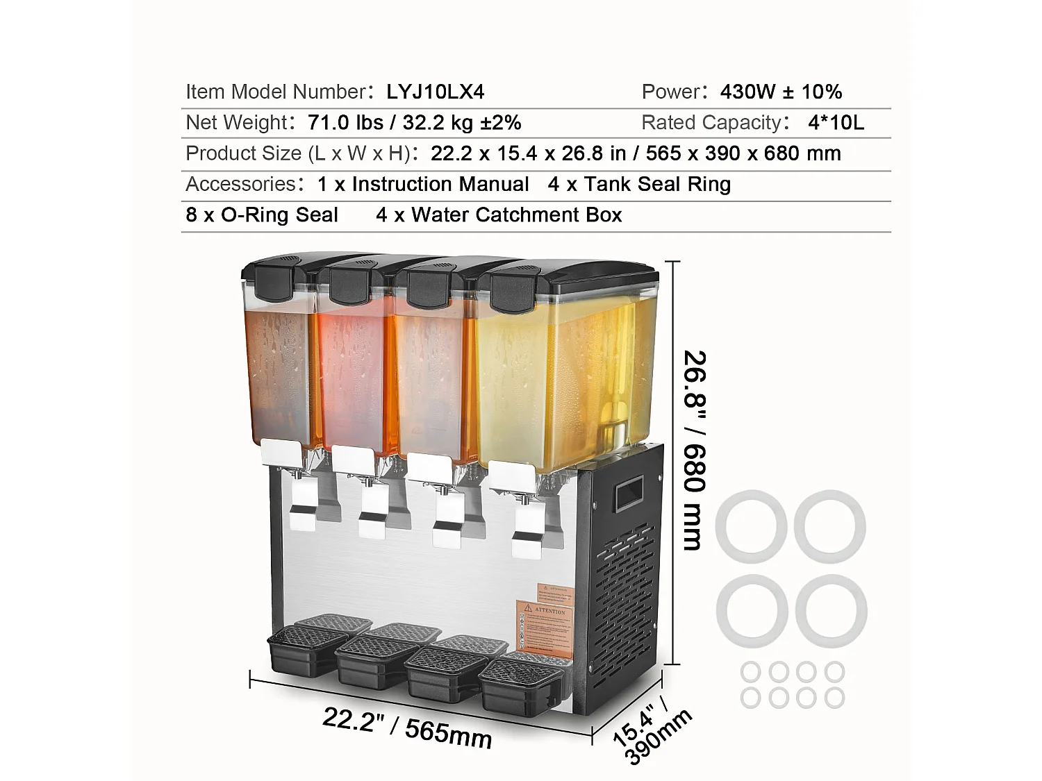 Distributeur de Boissons Commerciales SucceBuy 10 L x 4 Réservoirs Distributeur de Boissons Glacées et de Jus Froids