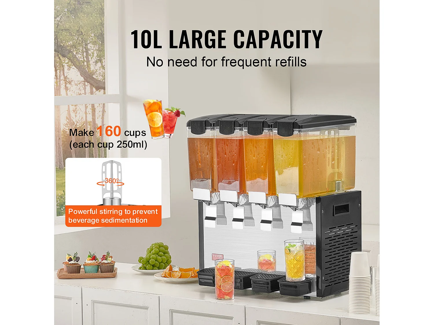 Distributeur de Boissons Commerciales SucceBuy 10 L x 4 Réservoirs Distributeur de Boissons Glacées et de Jus Froids