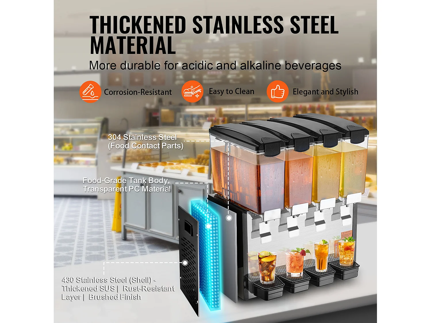 Distributeur de Boissons Commerciales SucceBuy 10 L x 4 Réservoirs Distributeur de Boissons Glacées et de Jus Froids