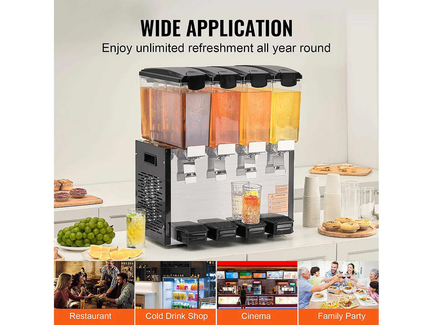 Distributeur de Boissons Commerciales SucceBuy 10 L x 4 Réservoirs Distributeur de Boissons Glacées et de Jus Froids