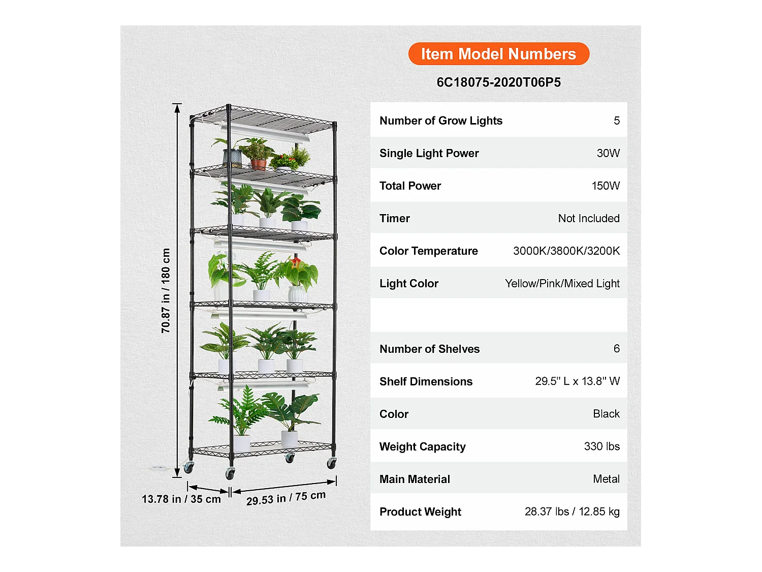 Étagère Plante Porte Plantes Support SucceBuy Support pour Plantes avec Lampes de Culture 6 Niveaux 150 W 180.1cm de Hauteur