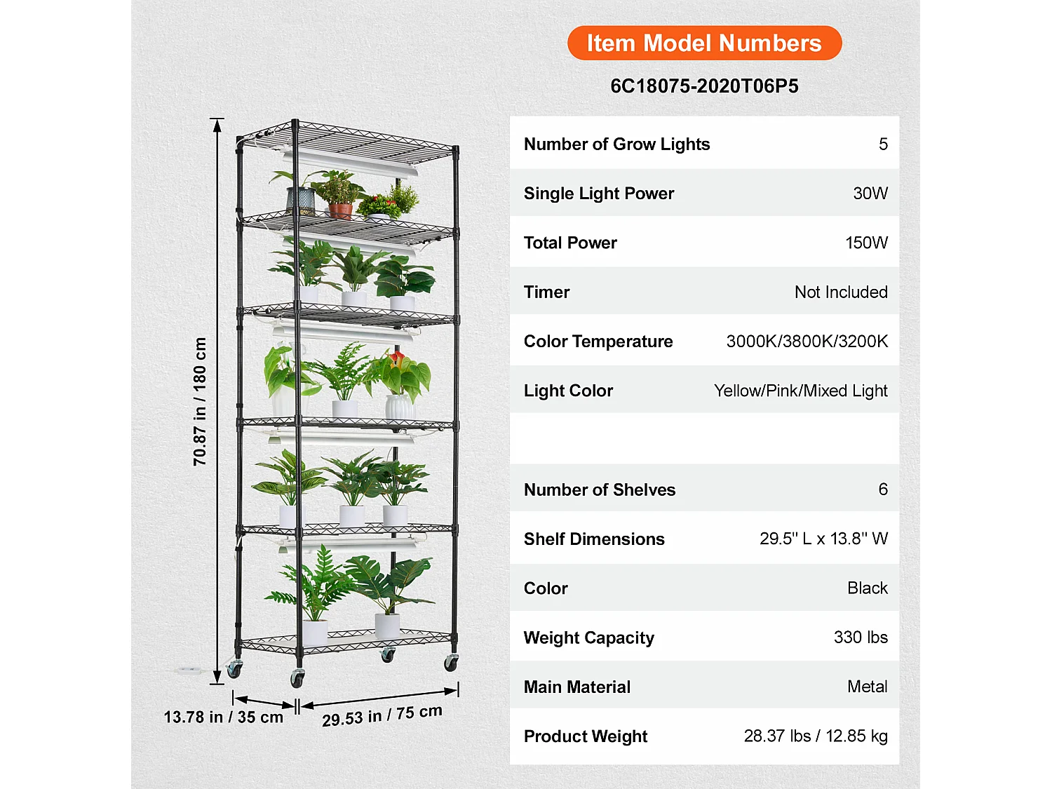 Étagère Plante Porte Plantes Support SucceBuy Support pour Plantes avec Lampes de Culture 6 Niveaux 150 W 180.1cm de Hauteur
