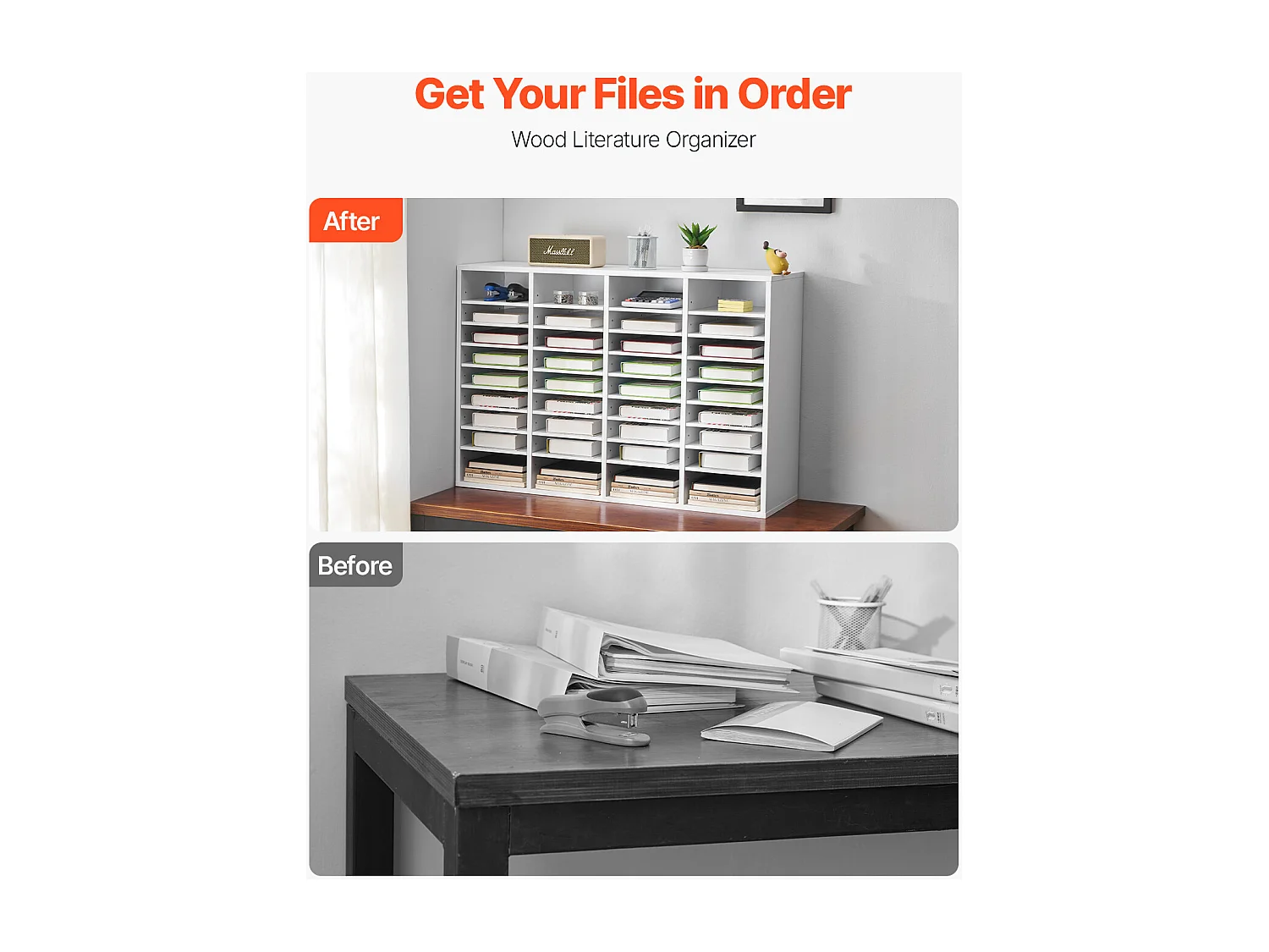 Organiseur de Bureau, SucceBuy - Organiseur de Livres en Bois à 36 Compartiments avec Étagères Réglables - Blanc