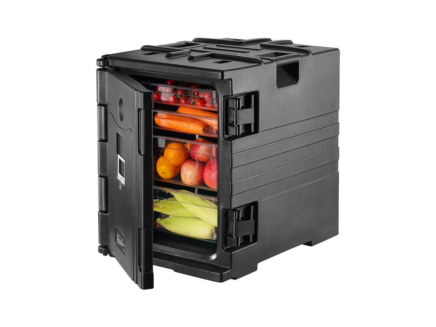 Suporte de Bandeja Isolado SucceBuy, 82 Qt, Carregamento Frontal, Empilhável, Caixa de Catering, Preto