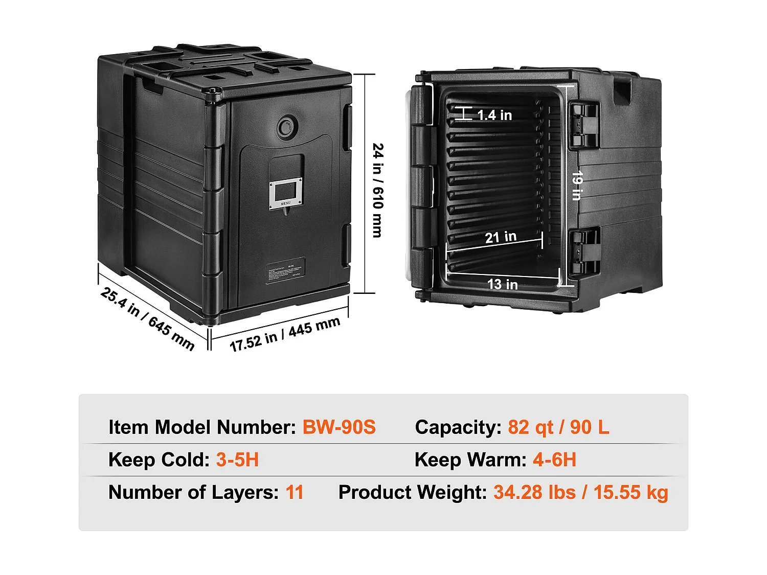 Geïsoleerde Plateauhouder SucceBuy, 82 Qt, Frontlading, Stapelbaar, Cateringdoos, Zwart