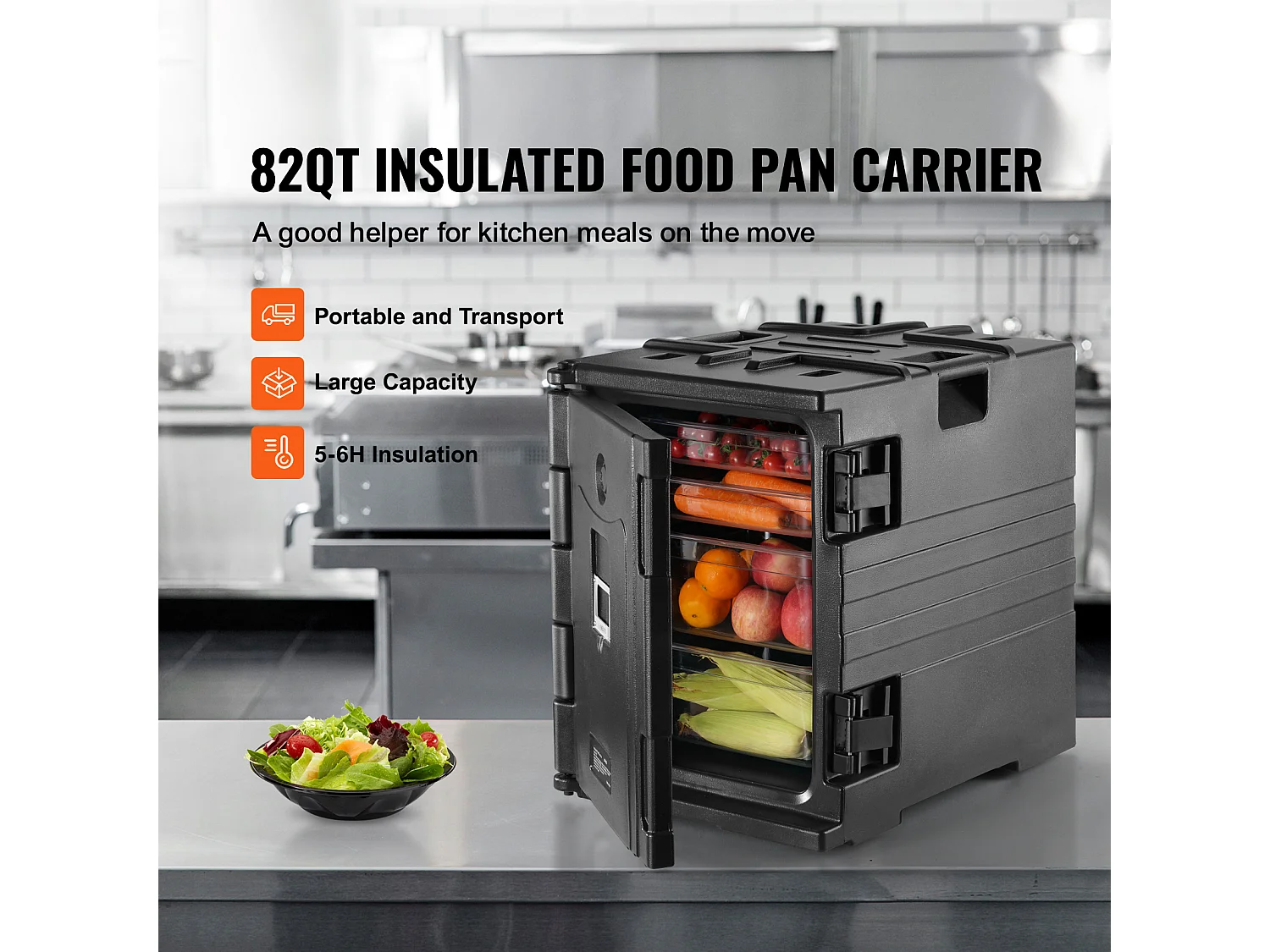 Geïsoleerde Plateauhouder SucceBuy, 82 Qt, Frontlading, Stapelbaar, Cateringdoos, Zwart