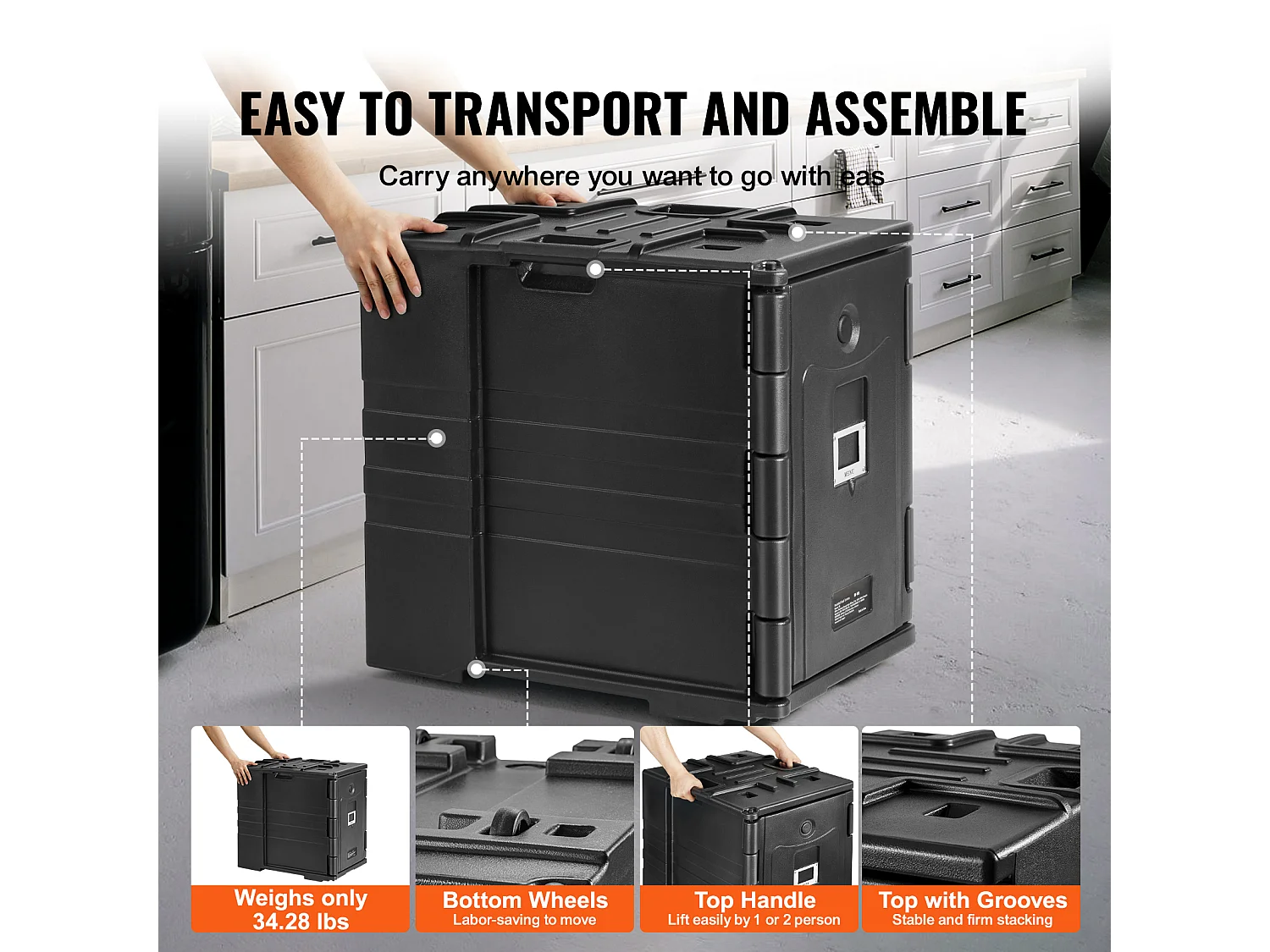 Geïsoleerde Plateauhouder SucceBuy, 82 Qt, Frontlading, Stapelbaar, Cateringdoos, Zwart