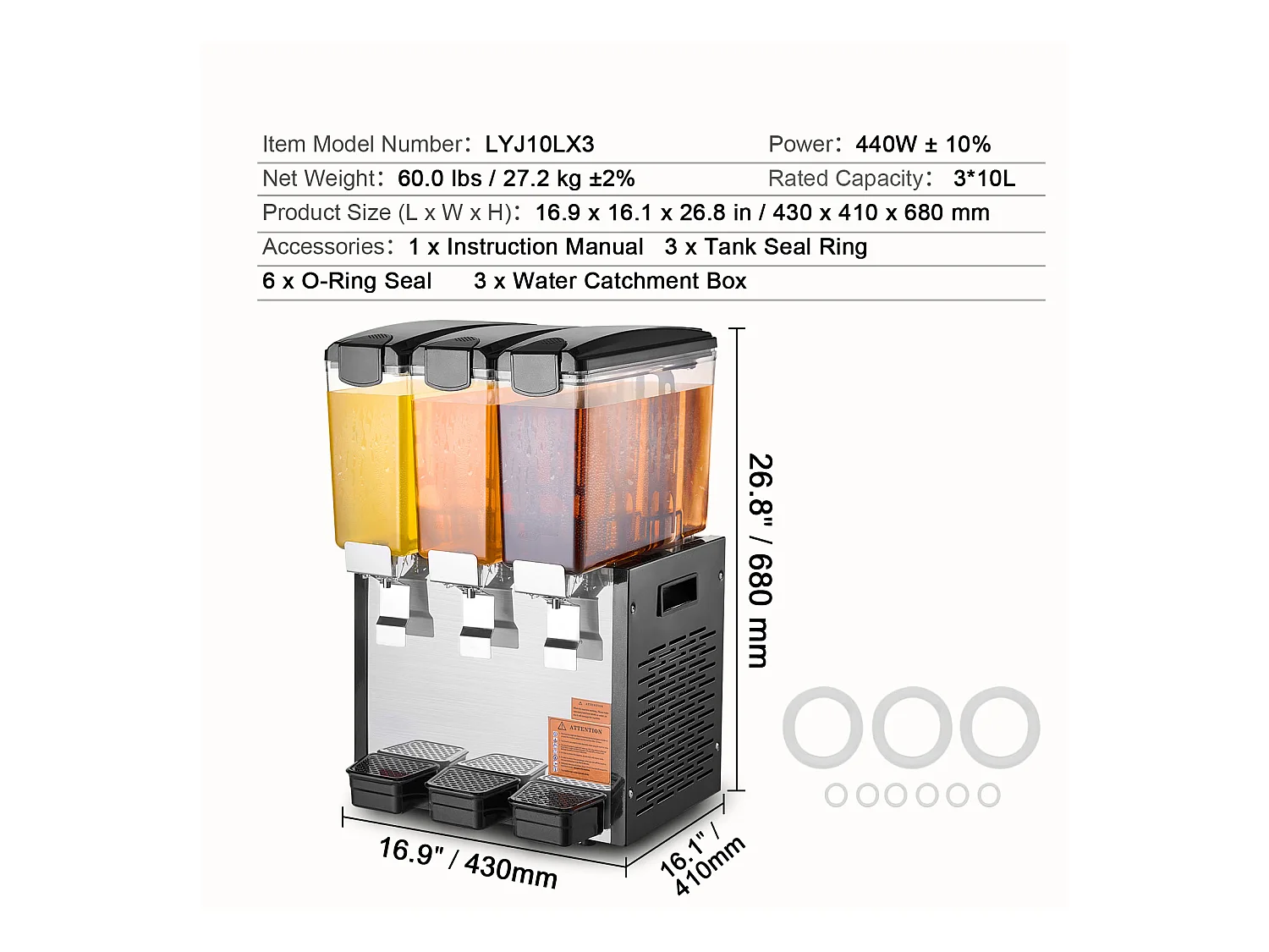 Distributeur de Boissons Commerciales SucceBuy 10 L x 3 Réservoirs Distributeur de Boissons Glacées et de Jus Froids