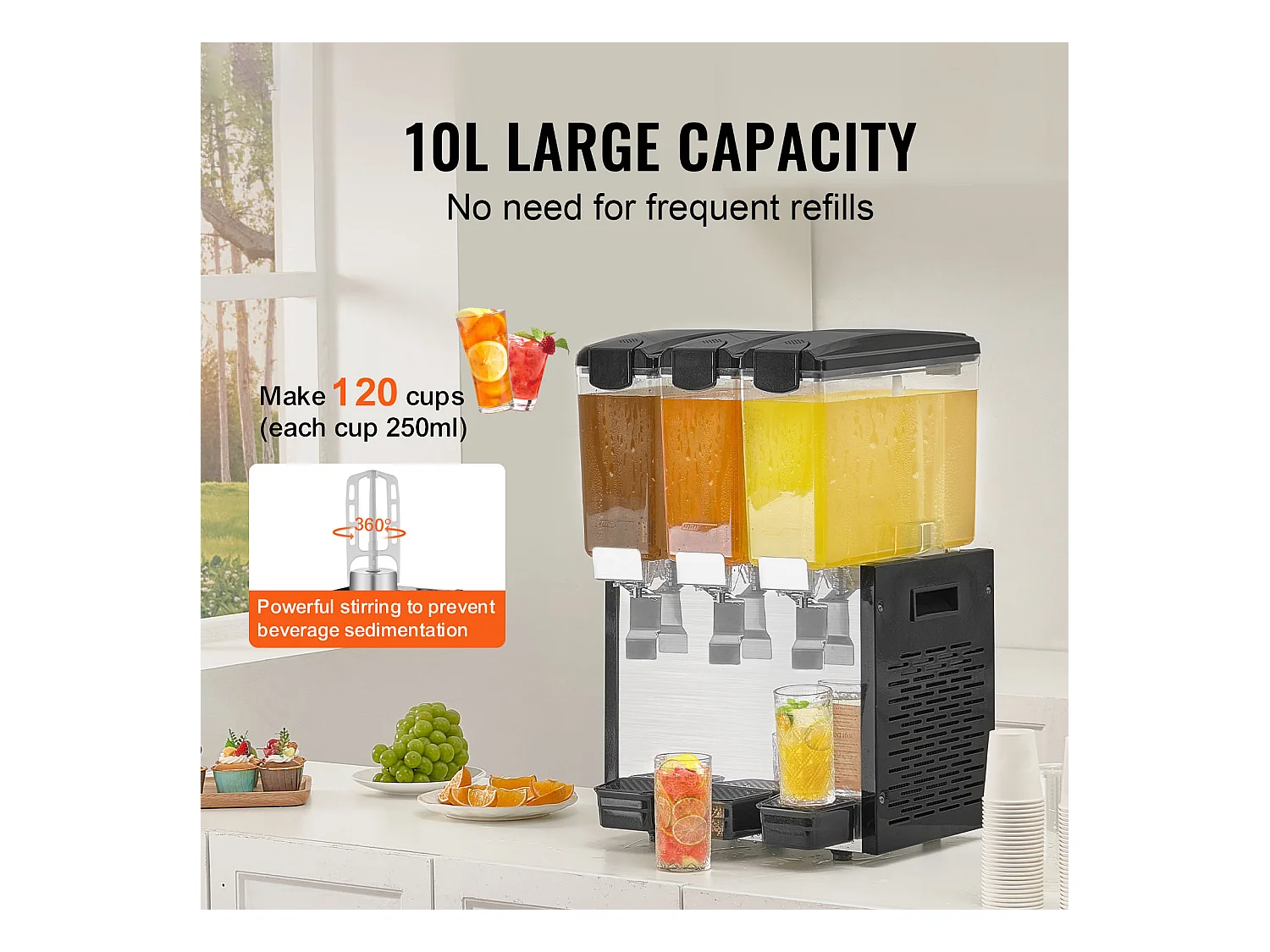 Distributeur de Boissons Commerciales SucceBuy 10 L x 3 Réservoirs Distributeur de Boissons Glacées et de Jus Froids
