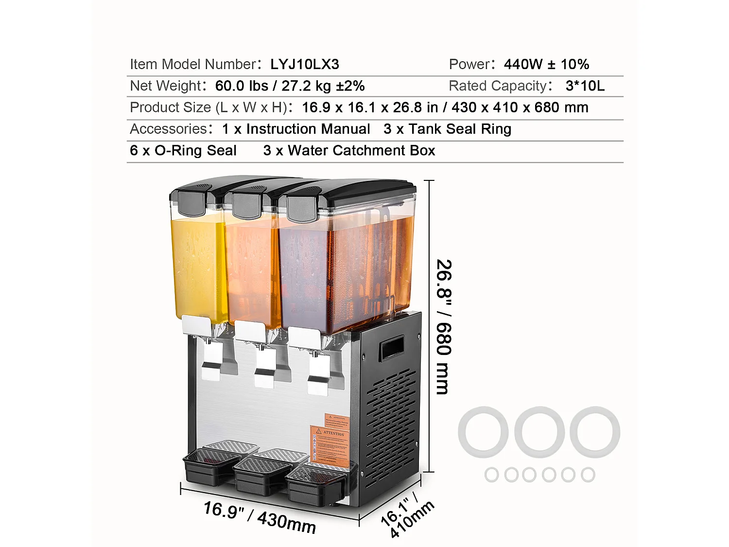 Distributeur de Boissons Commerciales SucceBuy 10 L x 3 Réservoirs Distributeur de Boissons Glacées et de Jus Froids