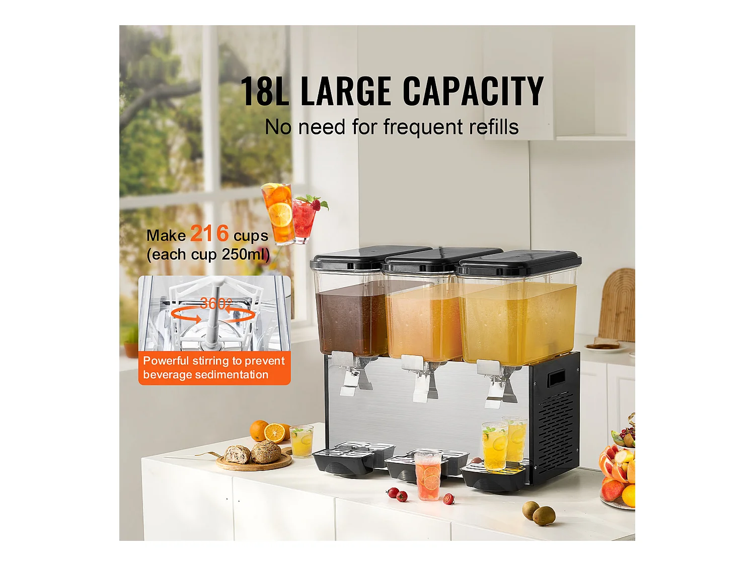 Distributeur de Boissons Commerciales SucceBuy 18L x 3 Réservoirs Distributeur de Boissons Glacées et de Jus Froids