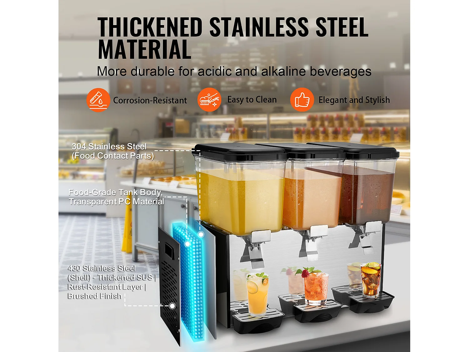 Distributeur de Boissons Commerciales SucceBuy 18L x 3 Réservoirs Distributeur de Boissons Glacées et de Jus Froids