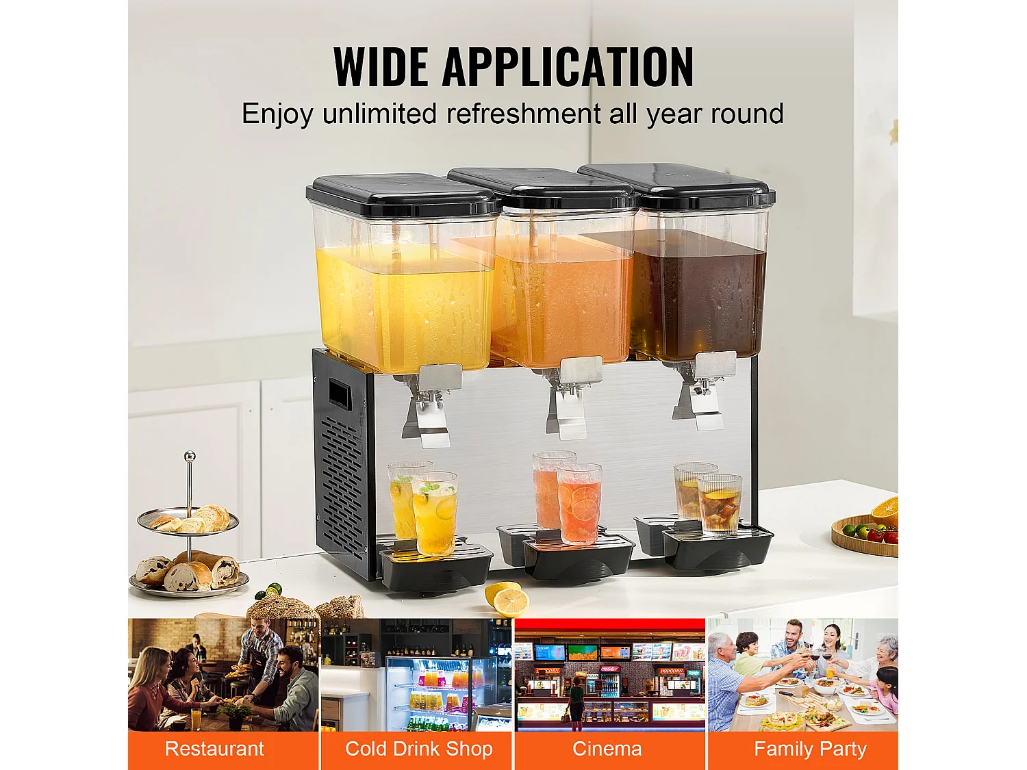 Distributeur de Boissons Commerciales SucceBuy 18L x 3 Réservoirs Distributeur de Boissons Glacées et de Jus Froids