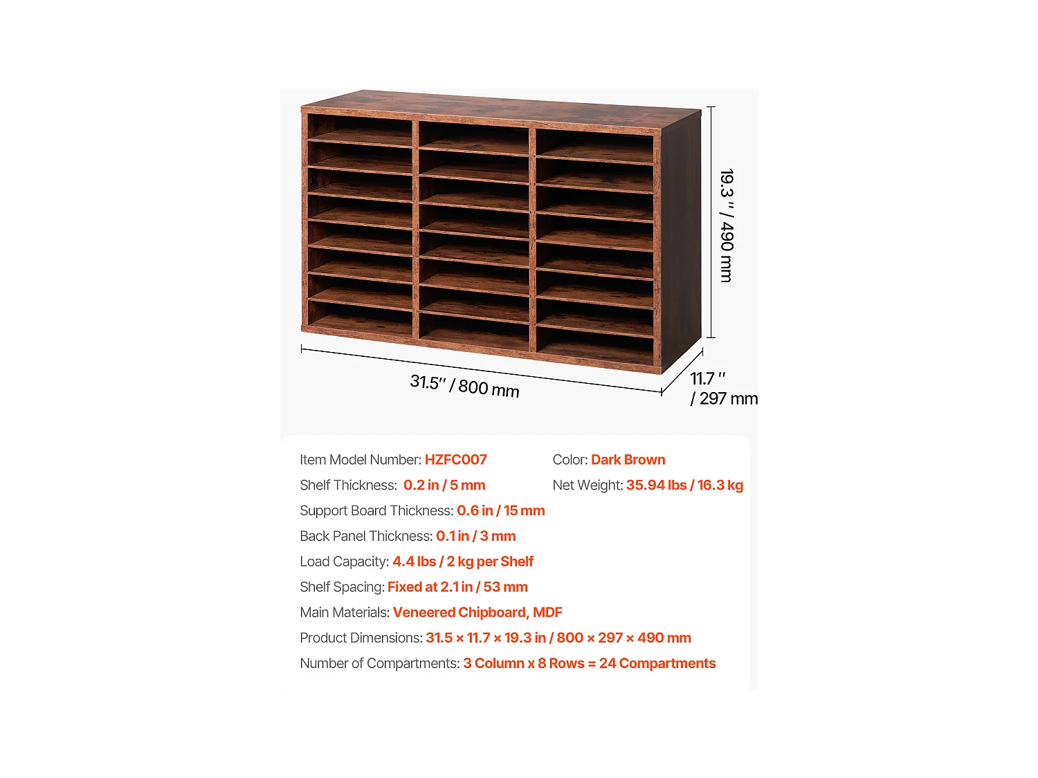 Organizer na Biurko, SucceBuy 24-Komorowy Drewniany Organizer na Książki z Wyjmowanymi Półkami - Ciemnobrązowy