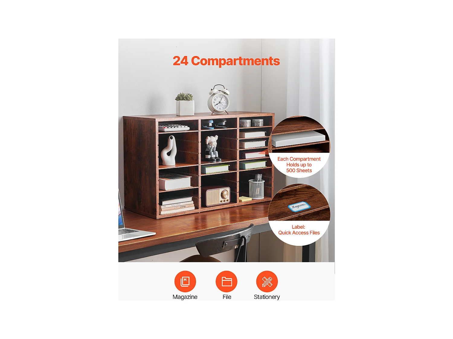 Organizer na Biurko, SucceBuy 24-Komorowy Drewniany Organizer na Książki z Wyjmowanymi Półkami - Ciemnobrązowy