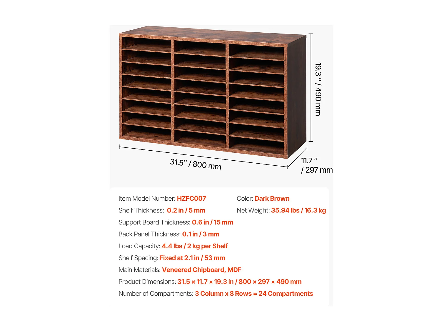 Organiseur de Bureau, SucceBuy Organiseur de Livres en Bois à 24 Compartiments avec Étagères Amovibles - Marron Foncé