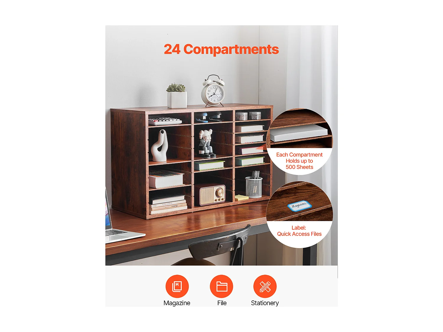 Organiseur de Bureau, SucceBuy Organiseur de Livres en Bois à 24 Compartiments avec Étagères Amovibles - Marron Foncé