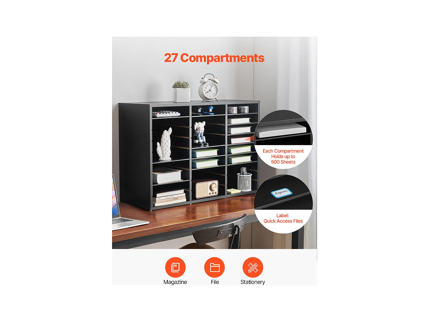 Organizer na Biurko, SucceBuy 27-Komorowy Drewniany Organizer na Książki z Wyjmowanymi Półkami, Czarny