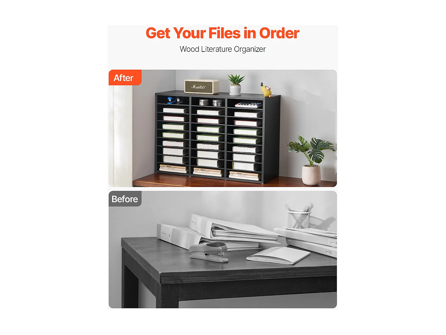 Organizer da Scrivania, SucceBuy, Organizer per Libri in Legno a 27 Scomparti con Ripiani Rimovibili, Nero