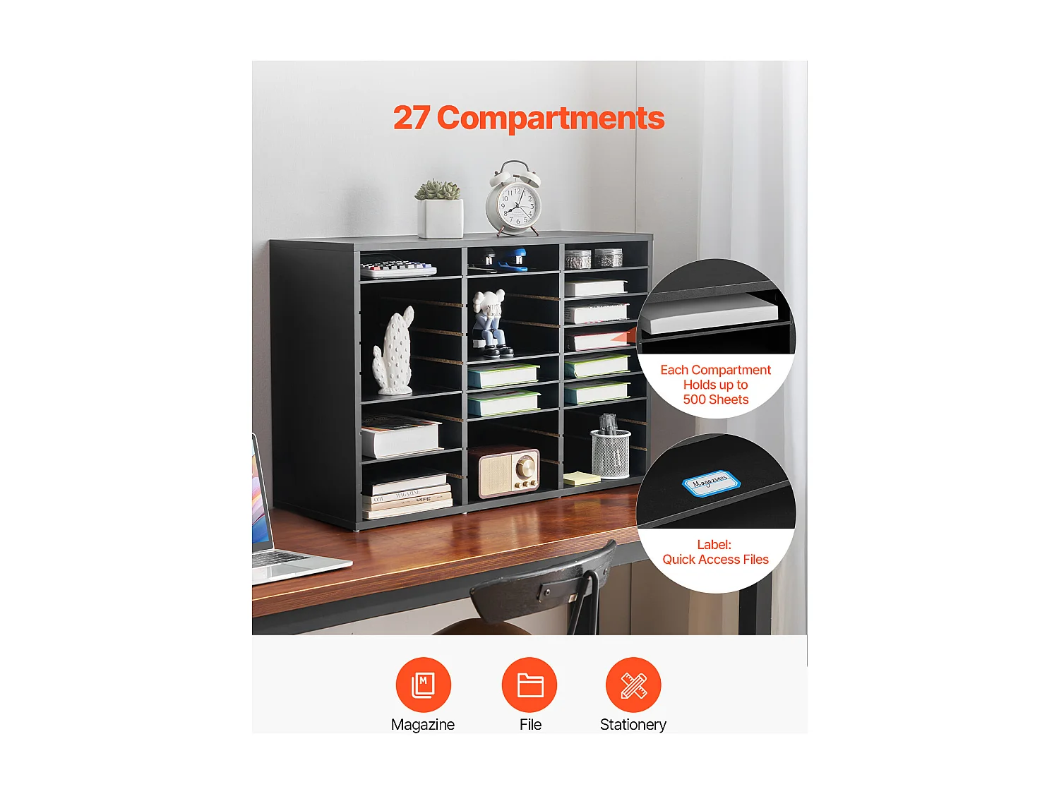 Organizer da Scrivania, SucceBuy, Organizer per Libri in Legno a 27 Scomparti con Ripiani Rimovibili, Nero