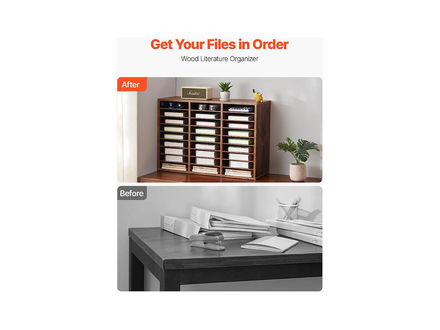 Organiseur de Bureau, SucceBuy Organiseur de Livres en Bois à 27 Compartiments, Étagères Amovibles, Marron Foncé