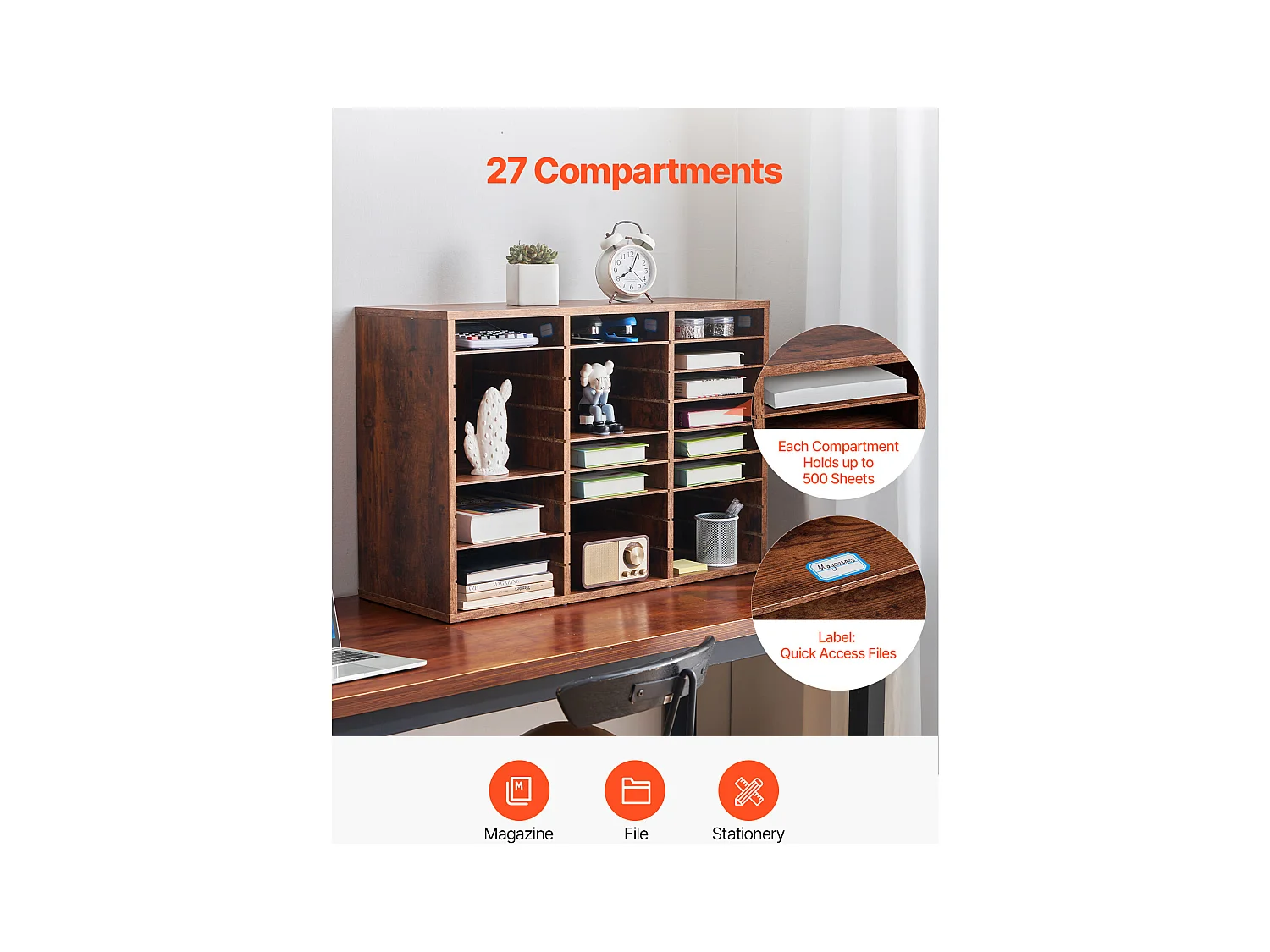 Organiseur de Bureau, SucceBuy Organiseur de Livres en Bois à 27 Compartiments, Étagères Amovibles, Marron Foncé