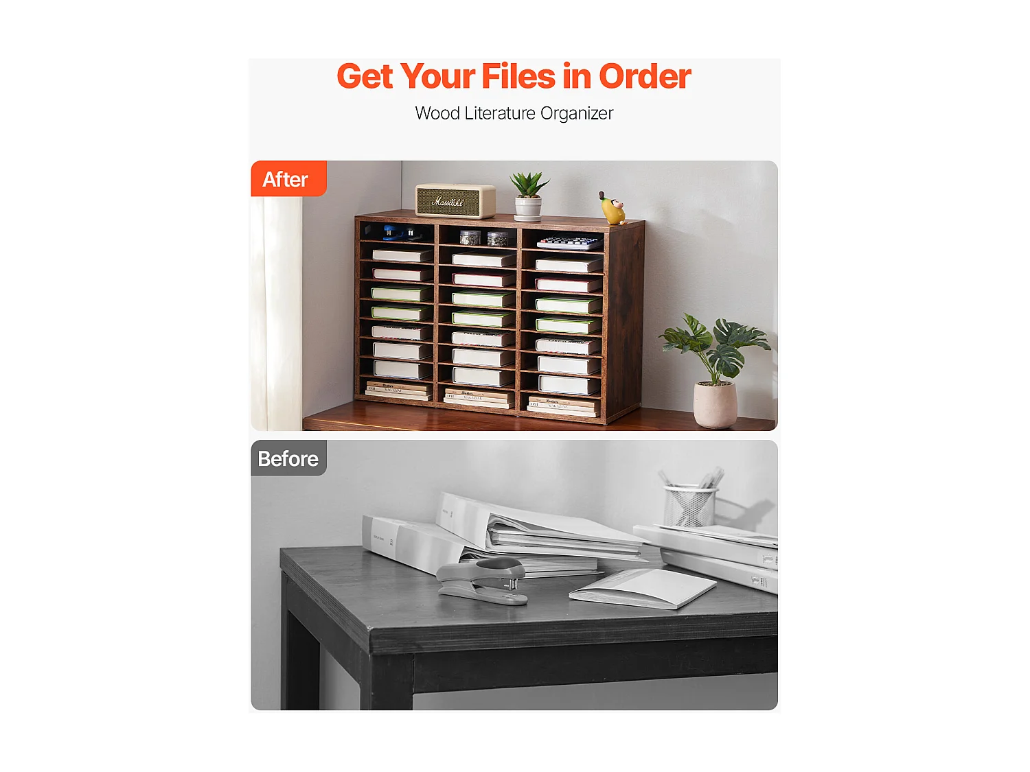 Bureau-Organizer, SucceBuy 27-Vaks Houten Boekenorganizer, Verwijderbare Planken, Donkerbruin