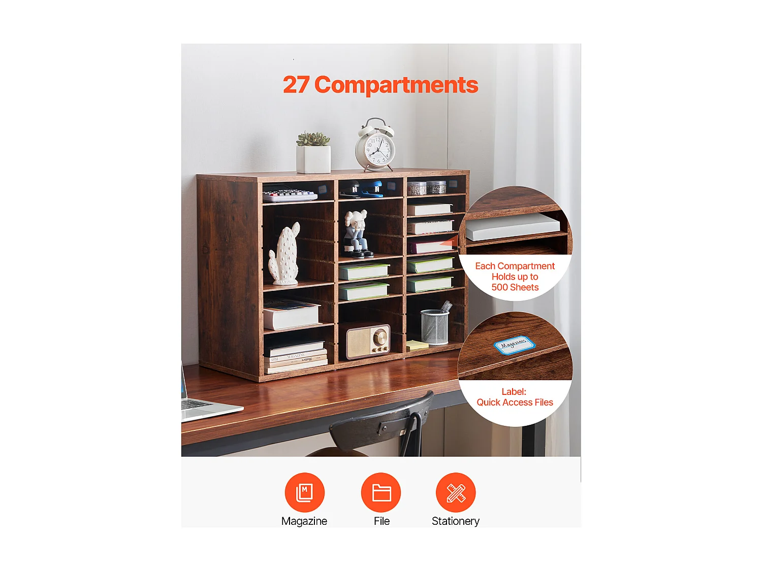 Bureau-Organizer, SucceBuy 27-Vaks Houten Boekenorganizer, Verwijderbare Planken, Donkerbruin