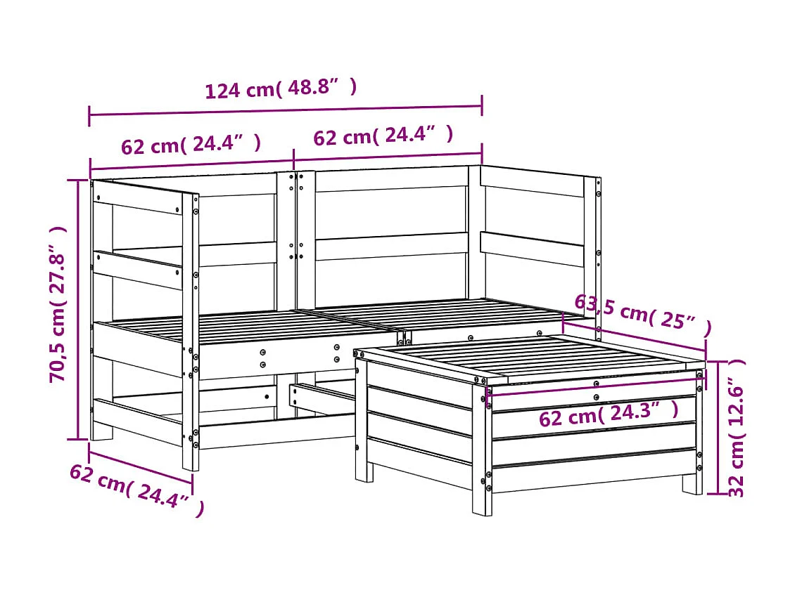 Salon de jardin 3 pcs bois massif sapin de douglas