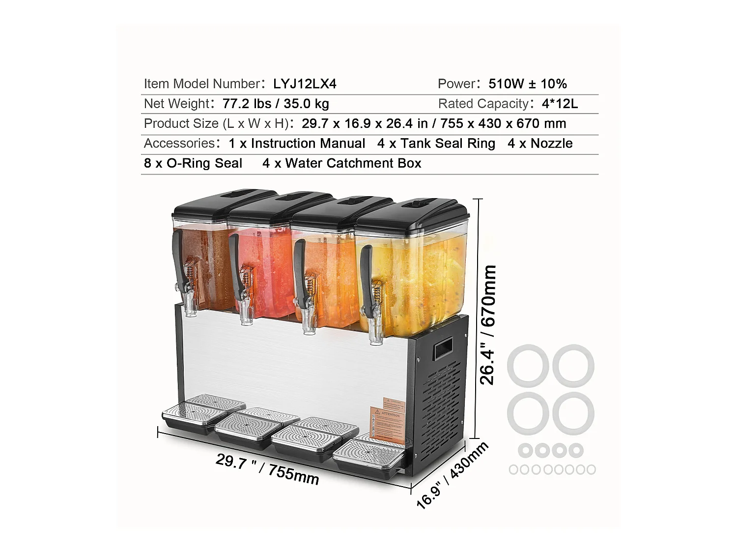 Distributeur de Boissons Commerciales SucceBuy 12 L x 4 Réservoirs Distributeur de Boissons Glacées et de Jus Froids