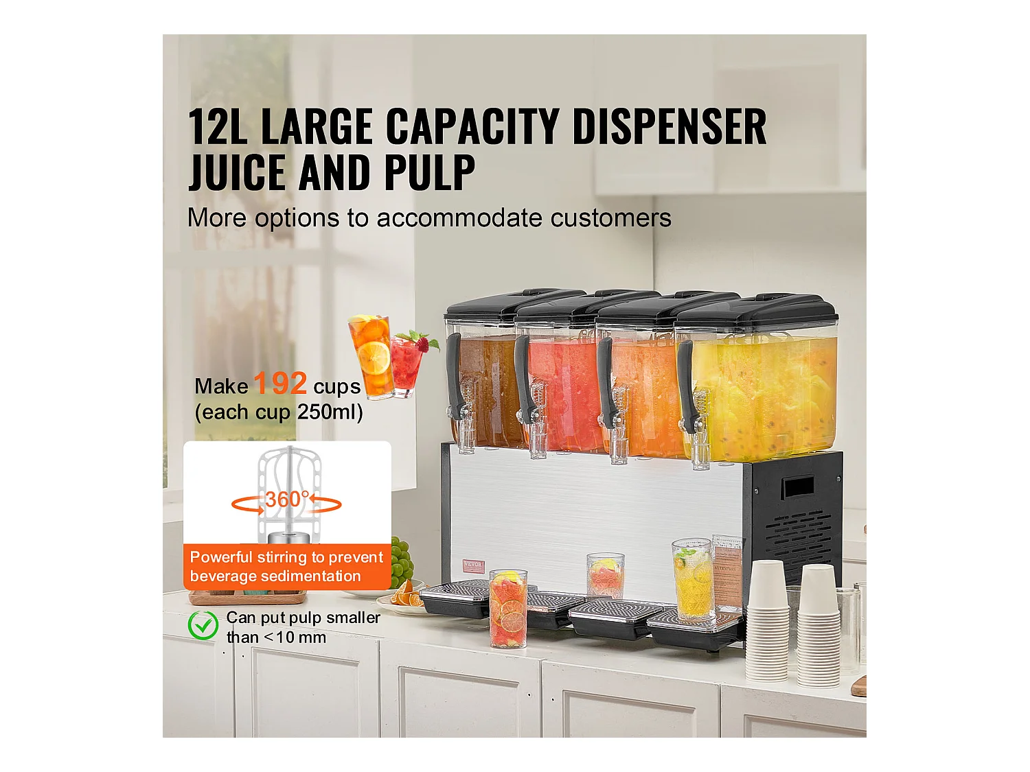 Distributeur de Boissons Commerciales SucceBuy 12 L x 4 Réservoirs Distributeur de Boissons Glacées et de Jus Froids