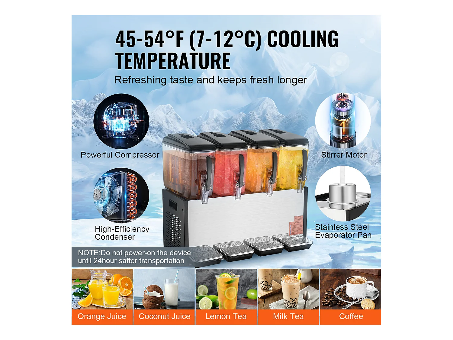 Distributeur de Boissons Commerciales SucceBuy 12 L x 4 Réservoirs Distributeur de Boissons Glacées et de Jus Froids