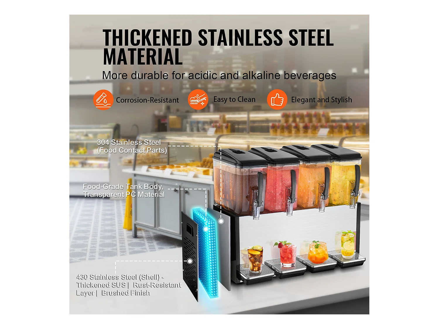 Distributeur de Boissons Commerciales SucceBuy 12 L x 4 Réservoirs Distributeur de Boissons Glacées et de Jus Froids