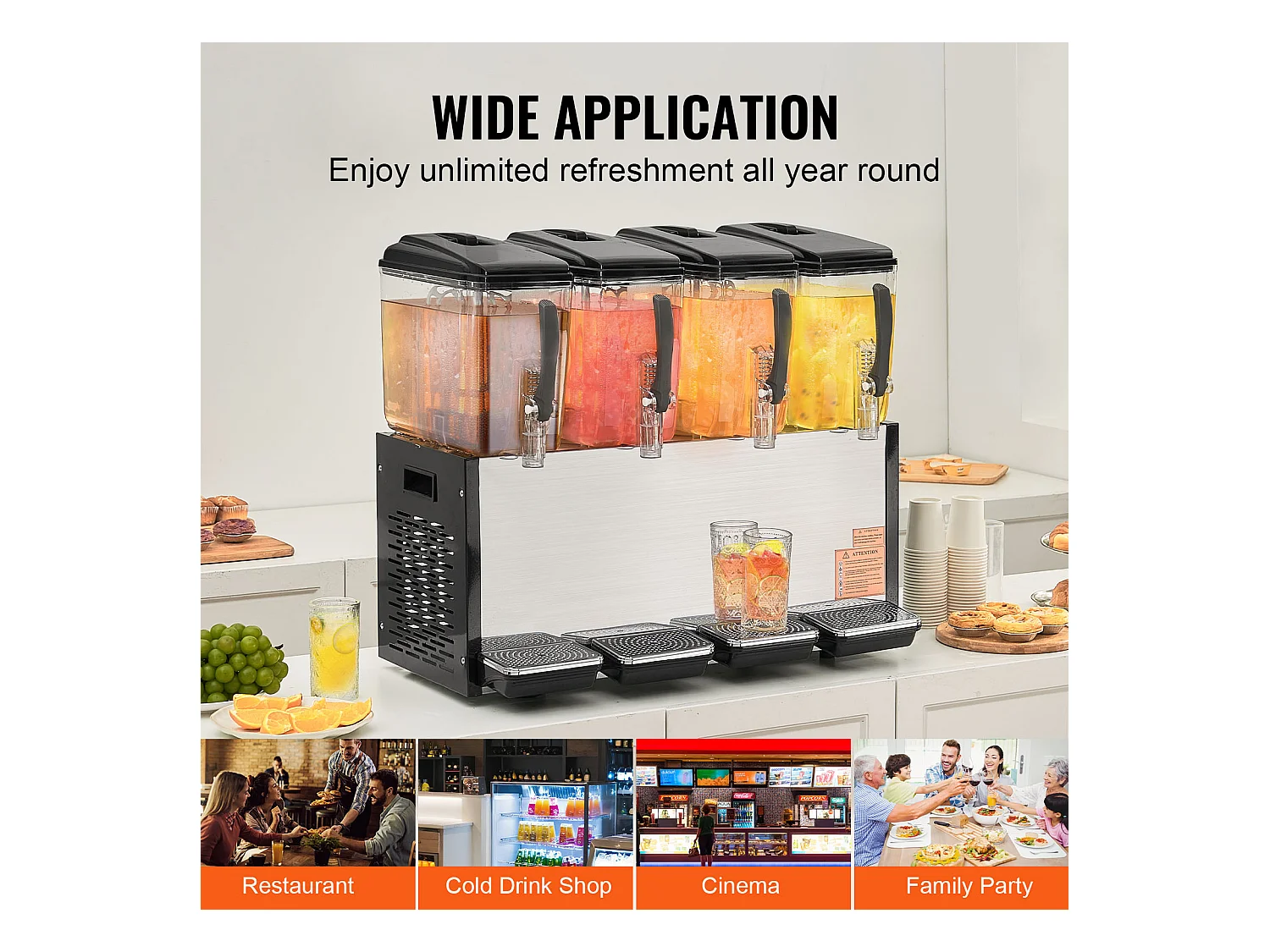 Distributeur de Boissons Commerciales SucceBuy 12 L x 4 Réservoirs Distributeur de Boissons Glacées et de Jus Froids