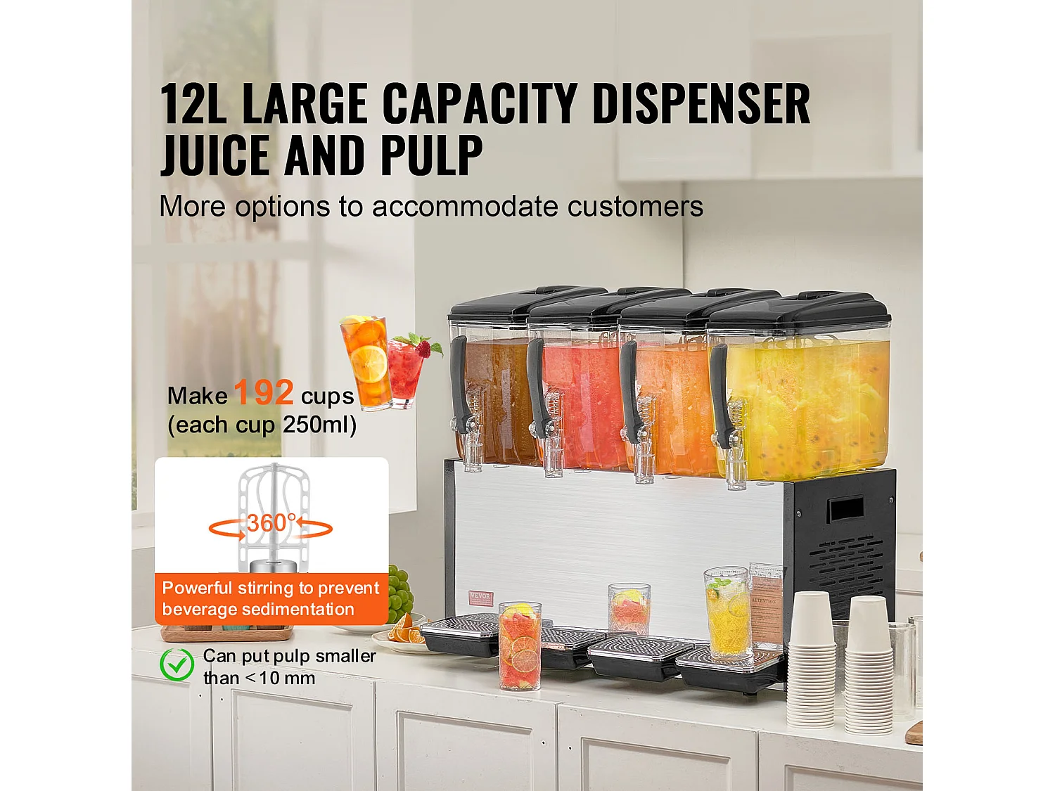 Distributeur de Boissons Commerciales SucceBuy 12 L x 4 Réservoirs Distributeur de Boissons Glacées et de Jus Froids