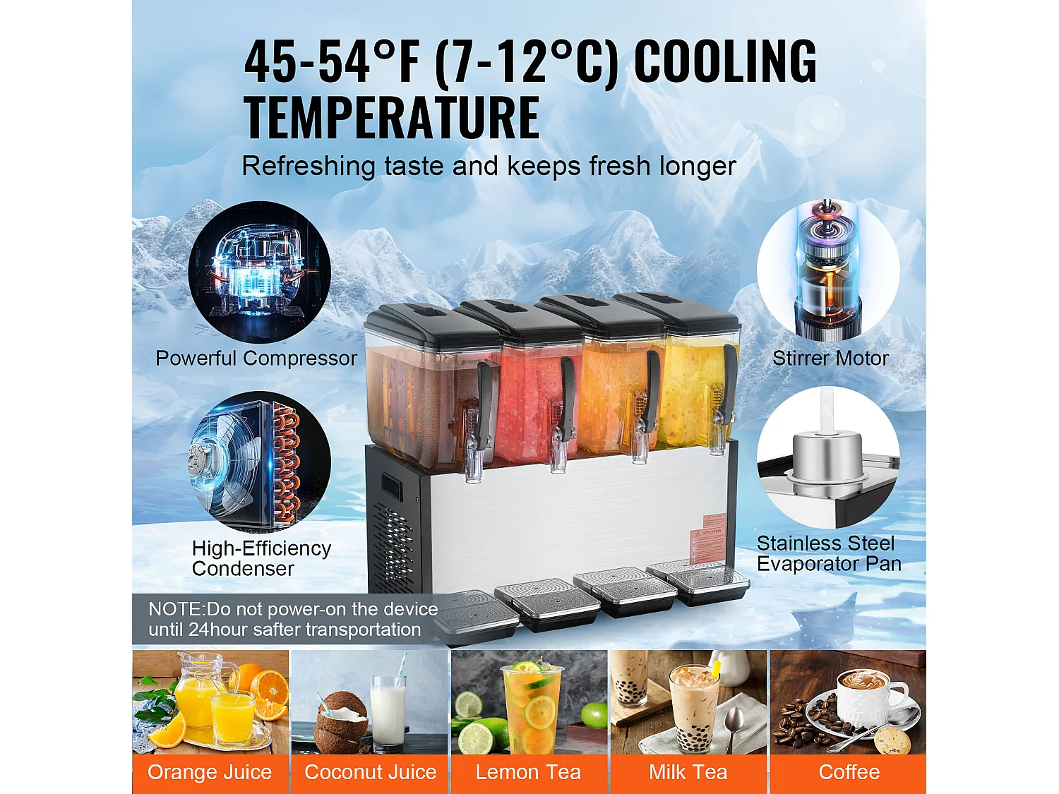 Distributeur de Boissons Commerciales SucceBuy 12 L x 4 Réservoirs Distributeur de Boissons Glacées et de Jus Froids