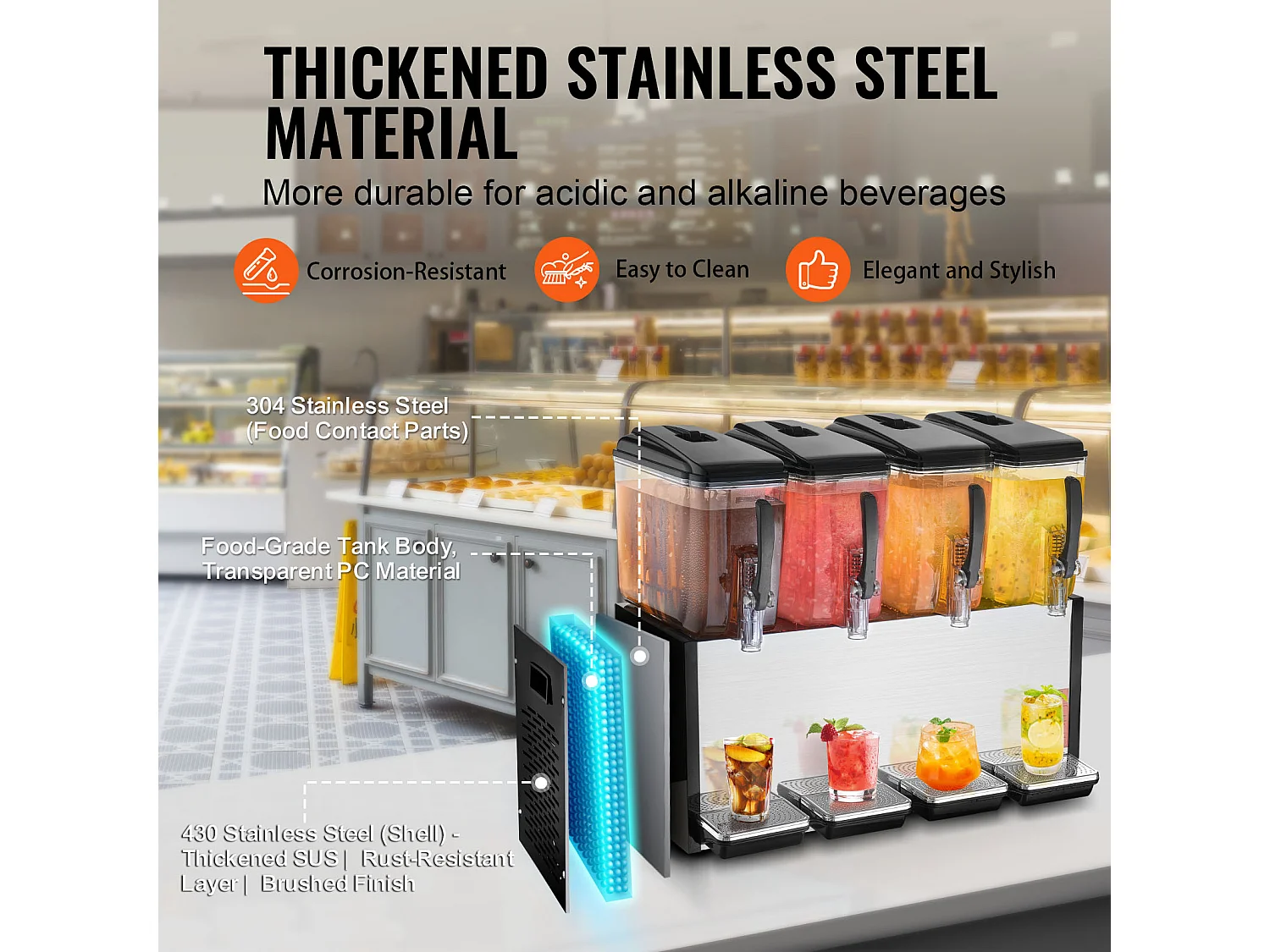 Distributeur de Boissons Commerciales SucceBuy 12 L x 4 Réservoirs Distributeur de Boissons Glacées et de Jus Froids