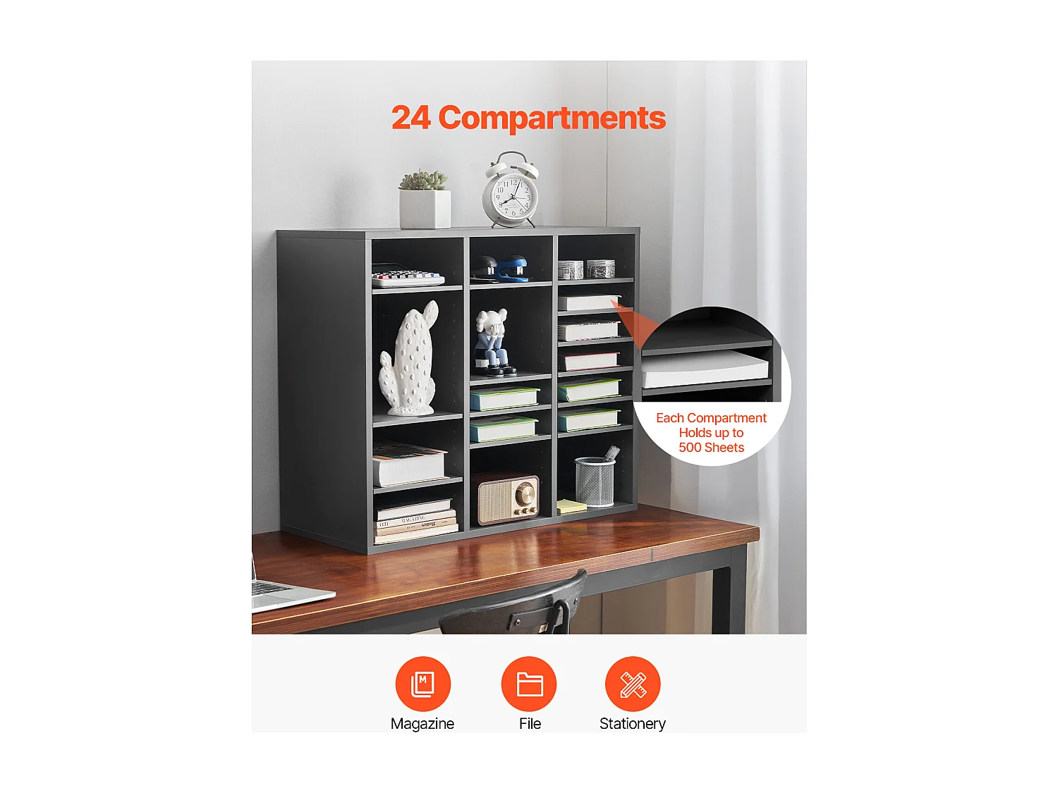 Organiseur de Bureau, SucceBuy - Organiseur de Littérature en Bois à 24 Compartiments avec Étages Réglables, Gris pour le Bureau et la Maison