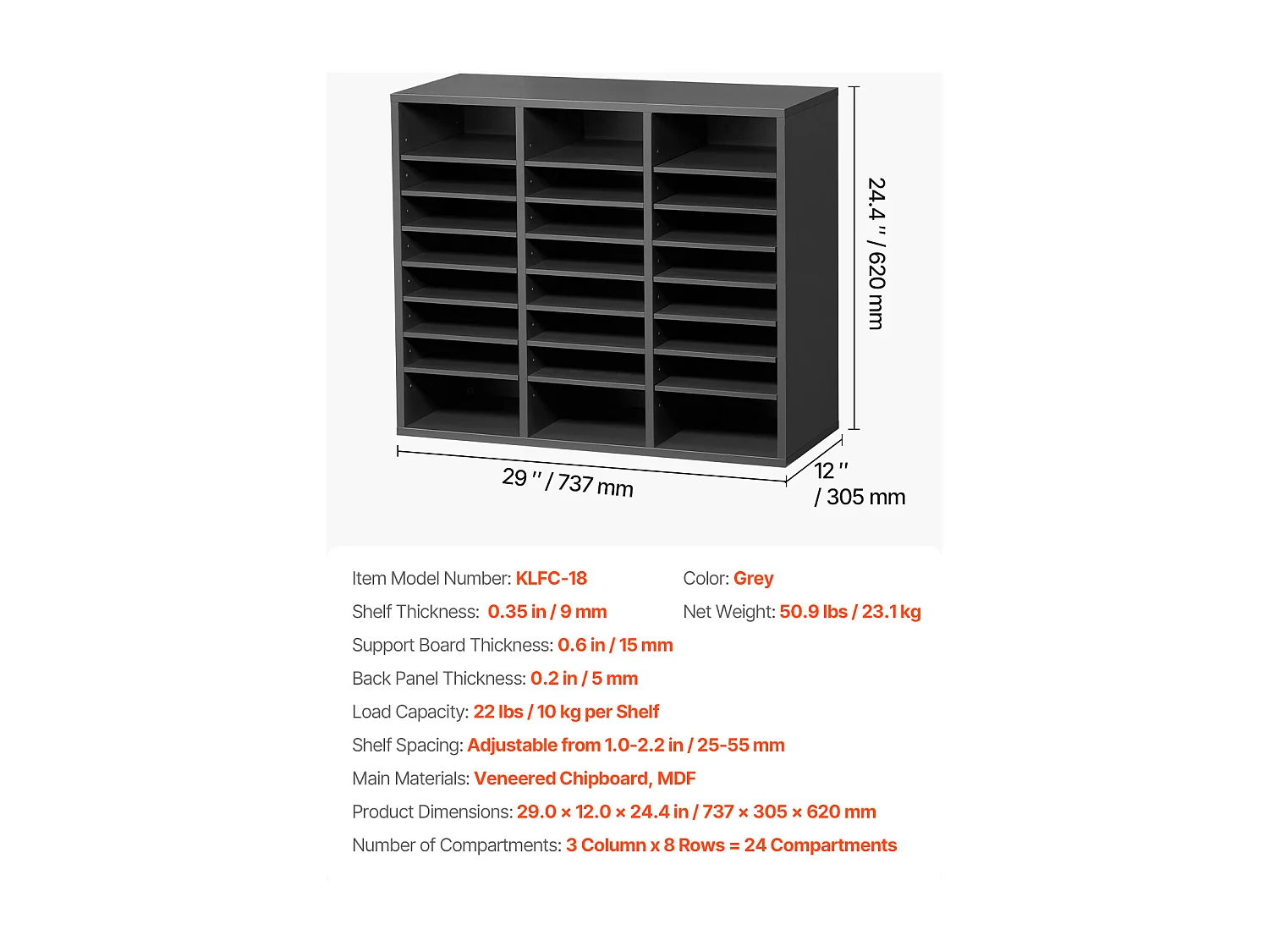 Organiseur de Bureau, SucceBuy - Organiseur de Littérature en Bois à 24 Compartiments avec Étages Réglables, Gris pour le Bureau et la Maison