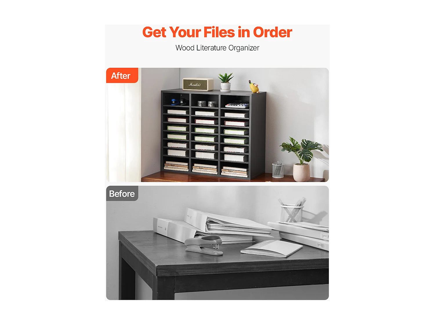 Organiseur de Bureau, SucceBuy - Organiseur de Littérature en Bois à 24 Compartiments avec Étages Réglables, Gris pour le Bureau et la Maison