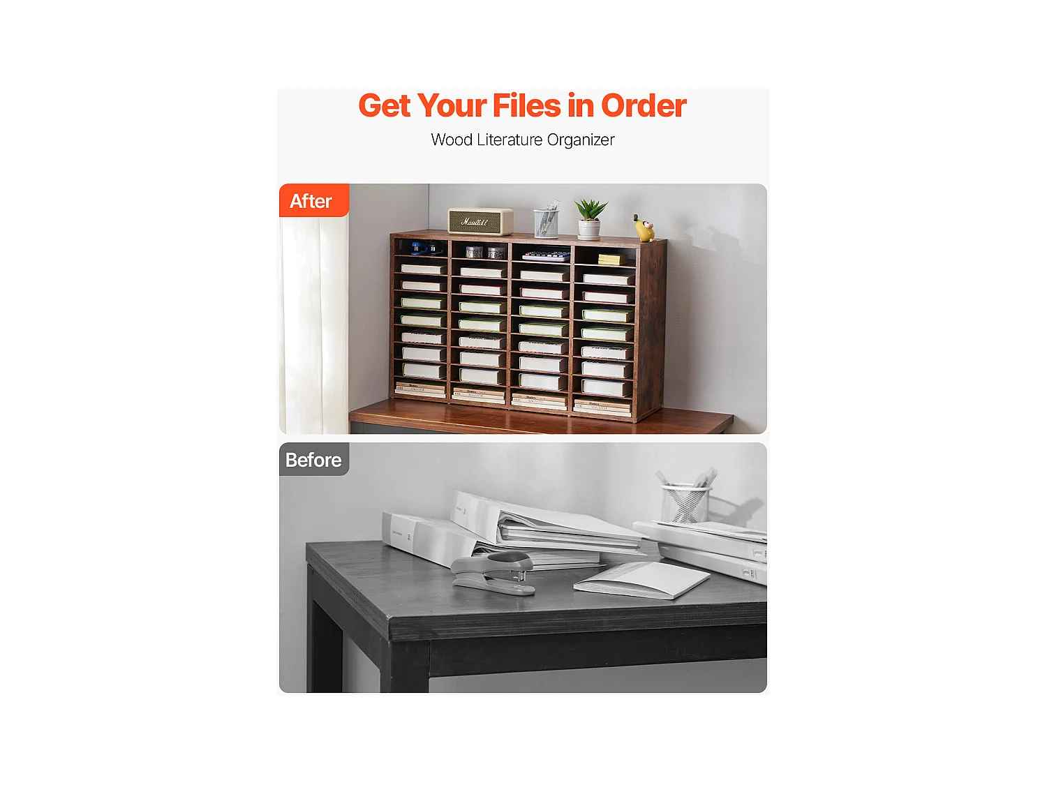 Organiseur de Bureau, SucceBuy Wood - Organiseur de Littérature à 36 Compartiments, Étagères Amovibles, Marron Foncé